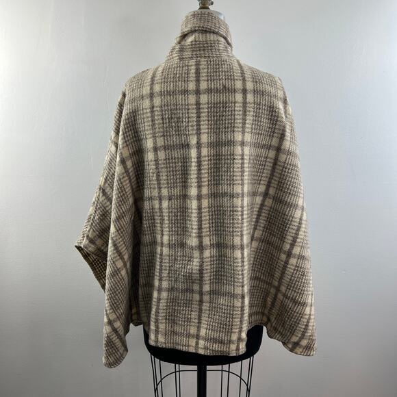 VINTAGE Beige Call Cape Poncho Plaid Wool? Knit Sleeveless Tie Mock Neck Pockets - Picture 5 of 5